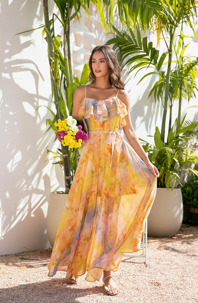Markeier Boho Watercolor Ruffle Maxi Dress