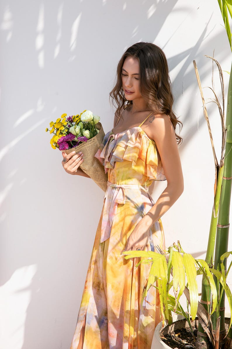 Markeier Boho Watercolor Ruffle Maxi Dress