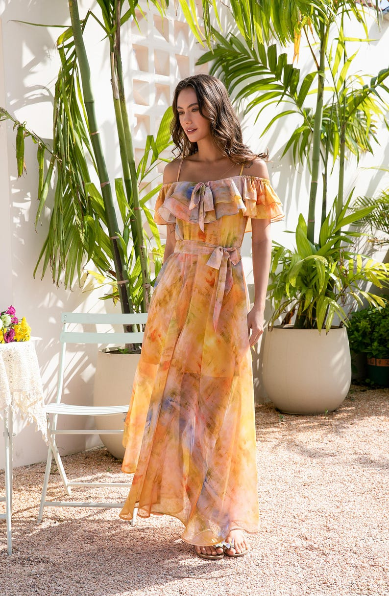 Markeier Boho Watercolor Ruffle Maxi Dress