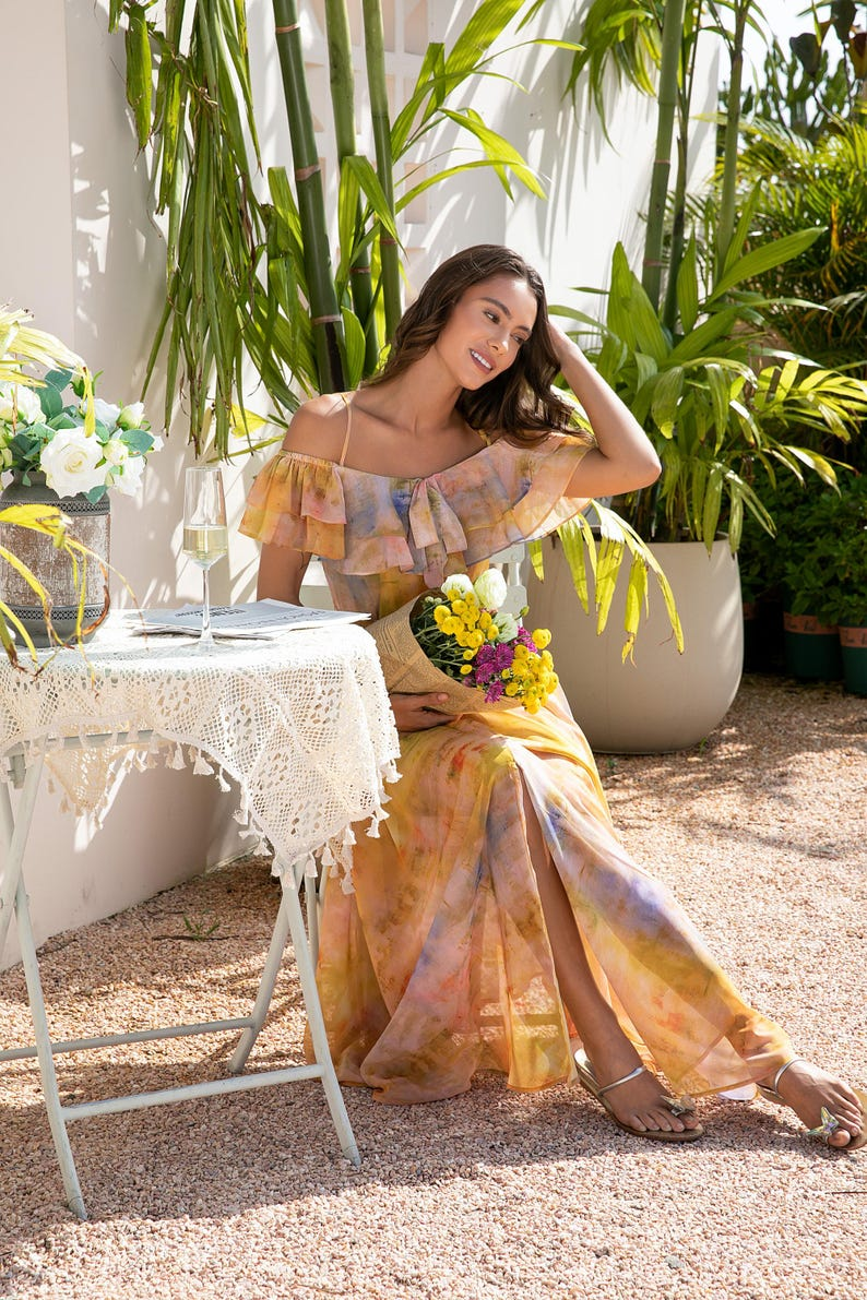 Markeier Boho Watercolor Ruffle Maxi Dress
