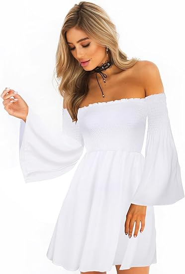 Markeier Women's Dress Summer Floral Long Sleeve Off Shoulder Casual Mini Dresses