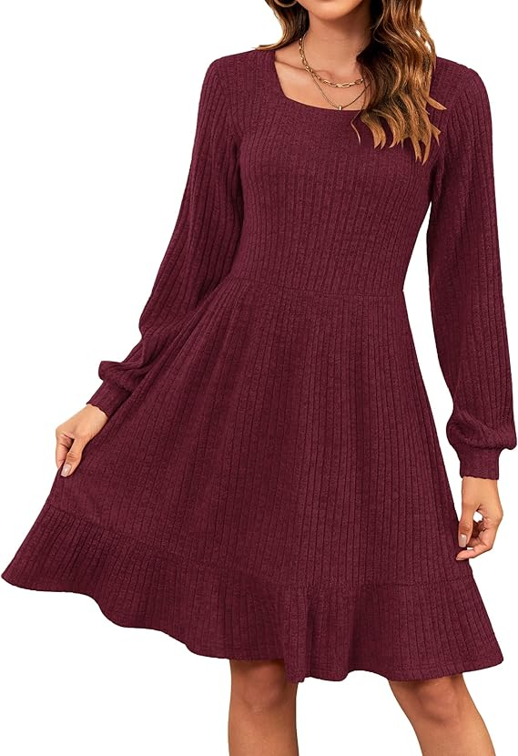 Markeier Women's Fall Winter Knit Sweater Dress – Long Sleeve Square Neck Casual