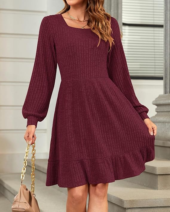 Markeier Women's Fall Winter Knit Sweater Dress – Long Sleeve Square Neck Casual
