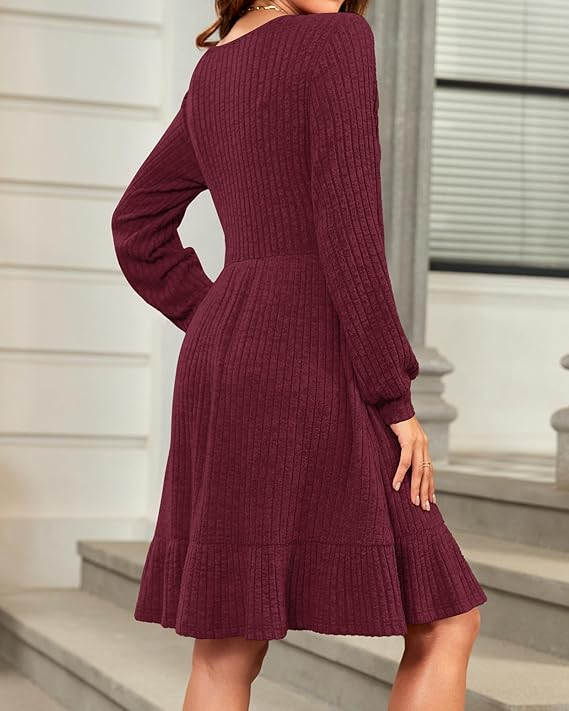 Markeier Women's Fall Winter Knit Sweater Dress – Long Sleeve Square Neck Casual
