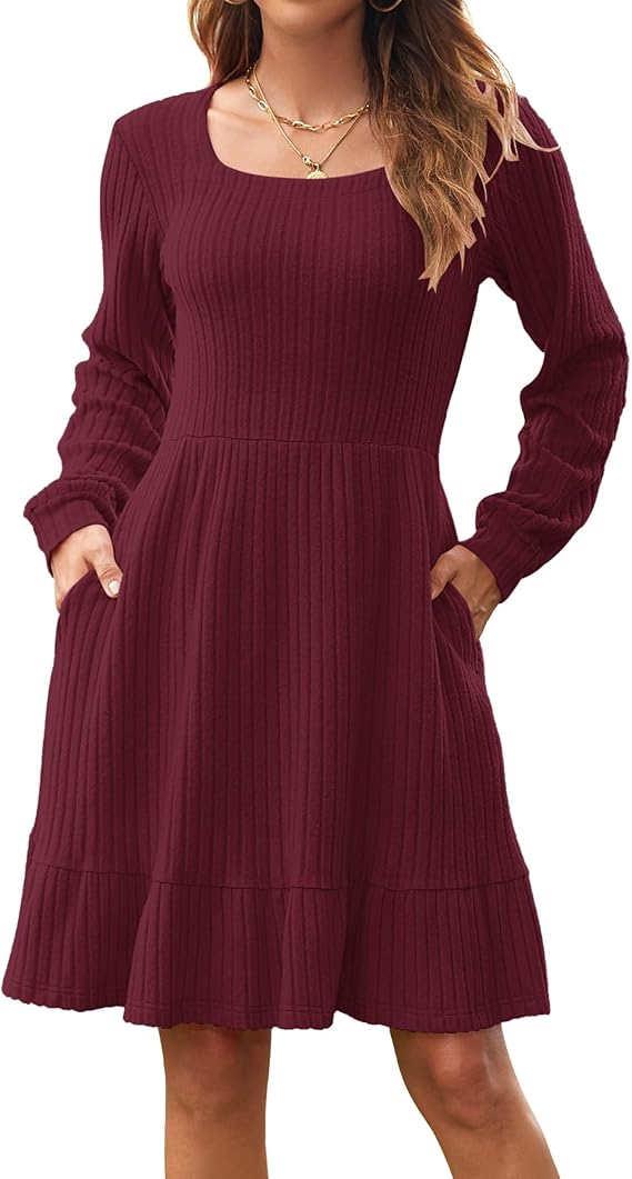 Markeier Women's Fall Winter Knit Sweater Dress – Long Sleeve Square Neck Casual
