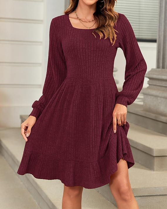 Markeier Women's Fall Winter Knit Sweater Dress – Long Sleeve Square Neck Casual